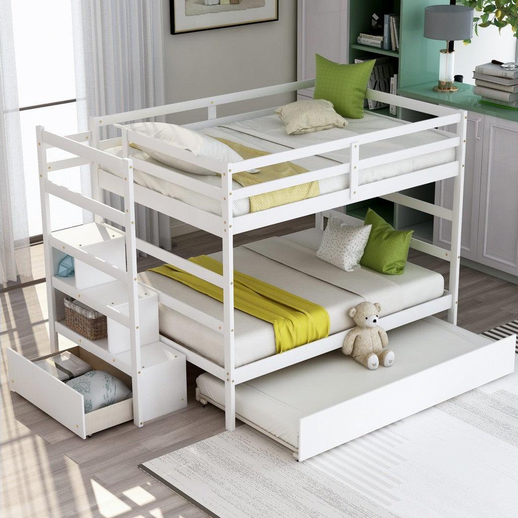 White Full Over Full Contemporary Bunk Bed With Stairs - FurniFindUSA