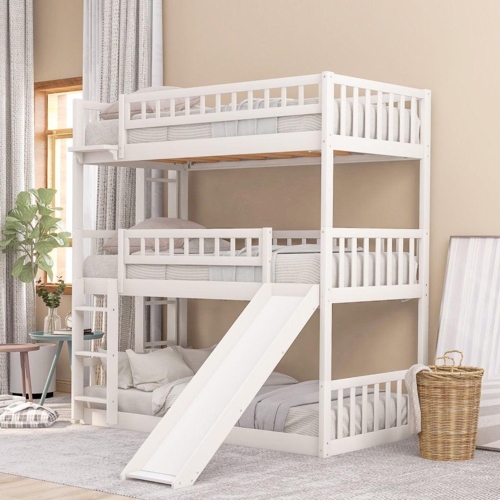 White Twin over Twin over Twin Contemporary Manufactured Wood and Solid Wood Bunk Bed - FurniFindUSA