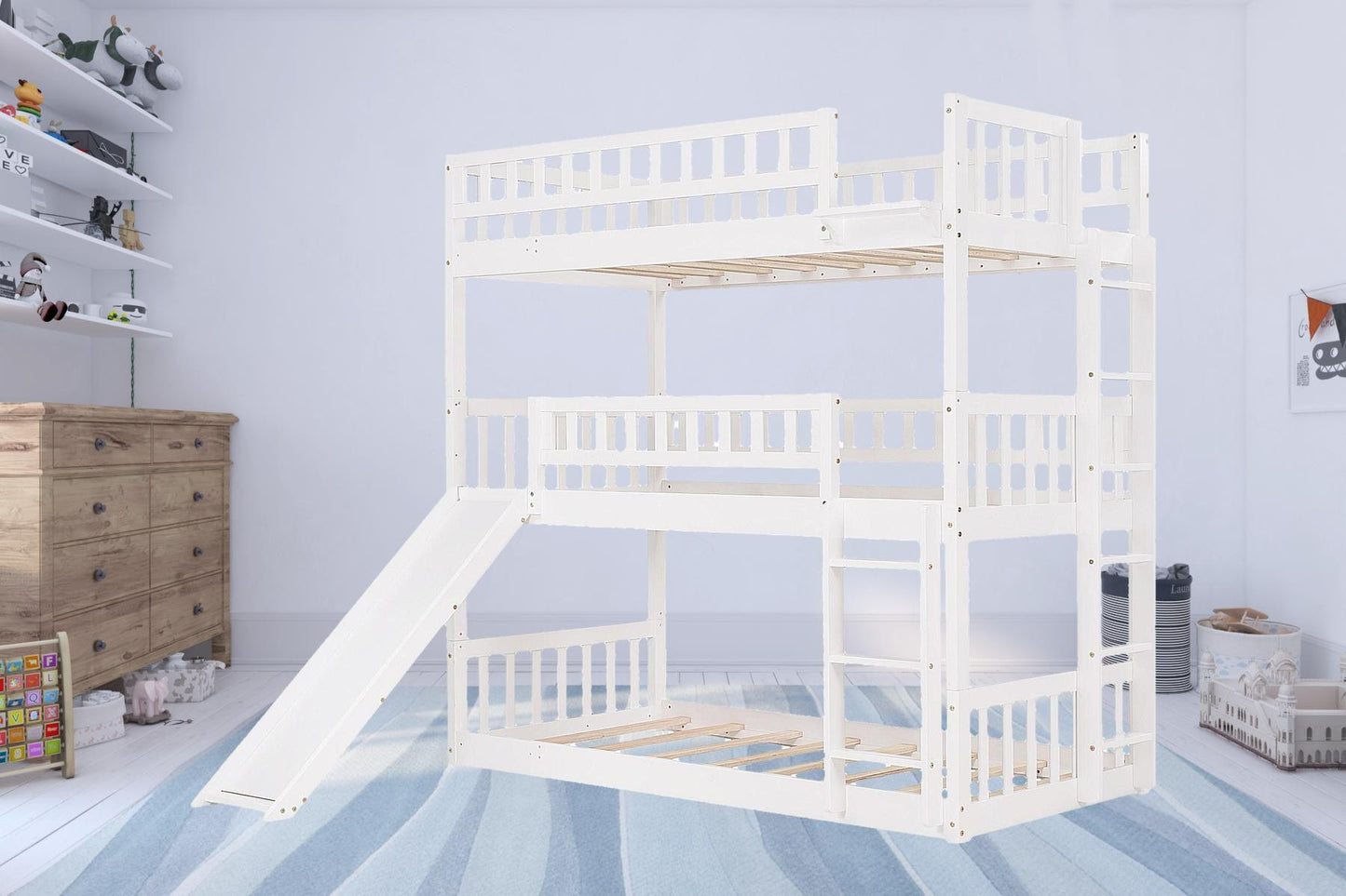 White Twin over Twin over Twin Contemporary Manufactured Wood and Solid Wood Bunk Bed - FurniFindUSA