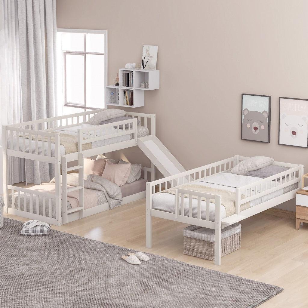 White Twin over Twin over Twin Contemporary Manufactured Wood and Solid Wood Bunk Bed - FurniFindUSA