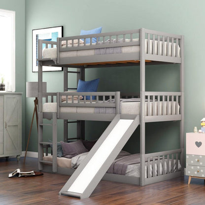 Gray Twin over Twin over Twin Contemporary Manufactured Wood and Solid Wood Bunk Bed - FurniFindUSA