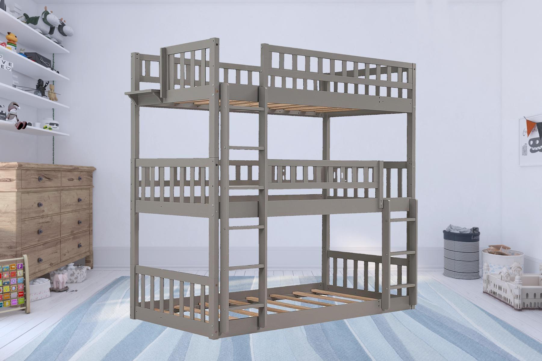 Gray Twin over Twin over Twin Contemporary Manufactured Wood and Solid Wood Bunk Bed - FurniFindUSA