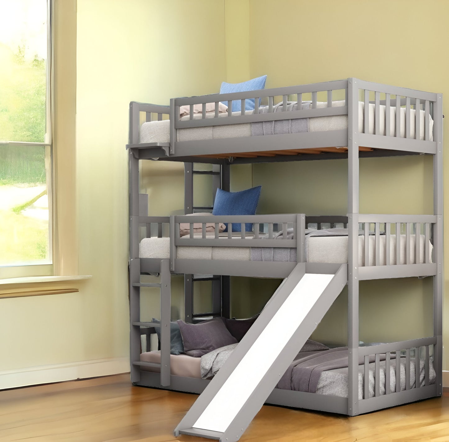 Gray Twin over Twin over Twin Contemporary Manufactured Wood and Solid Wood Bunk Bed