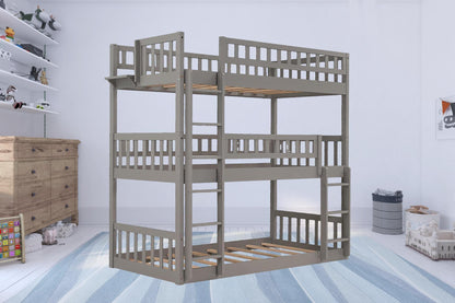 Gray Twin over Twin over Twin Contemporary Manufactured Wood and Solid Wood Bunk Bed - FurniFindUSA