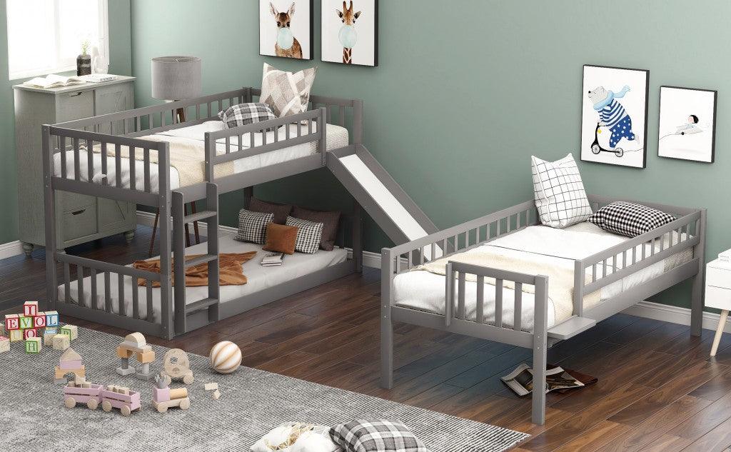 Gray Twin over Twin over Twin Contemporary Manufactured Wood and Solid Wood Bunk Bed - FurniFindUSA