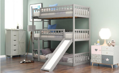 Gray Twin over Twin over Twin Contemporary Manufactured Wood and Solid Wood Bunk Bed - FurniFindUSA