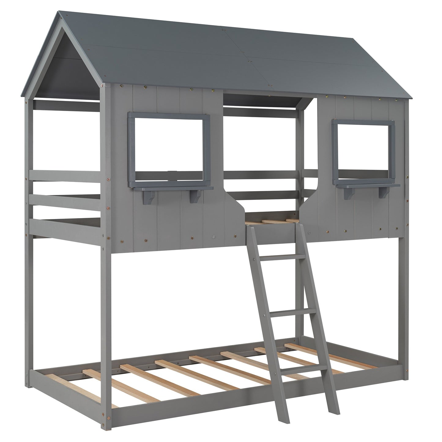 Gray Twin over Twin Contemporary Manufactured Wood and Solid Wood Bunk Bed