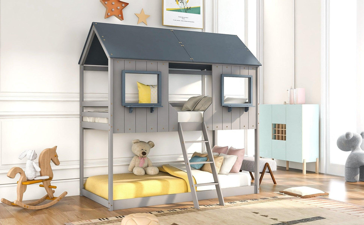 Gray Twin over Twin Contemporary Manufactured Wood and Solid Wood Bunk Bed - FurniFindUSA