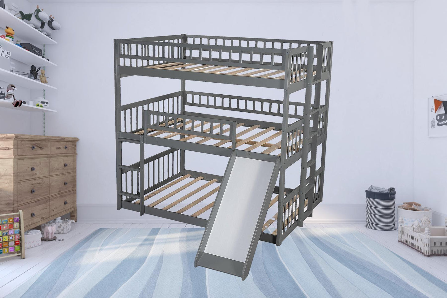 Gray Full Over Full Over Full Contemporary Bunk Bed With Slide - FurniFindUSA