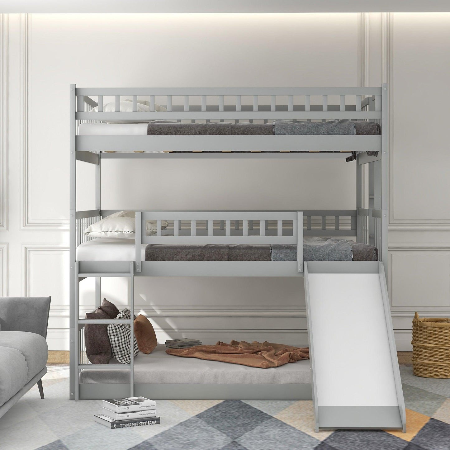 Gray Full Over Full Over Full Contemporary Bunk Bed With Slide - FurniFindUSA