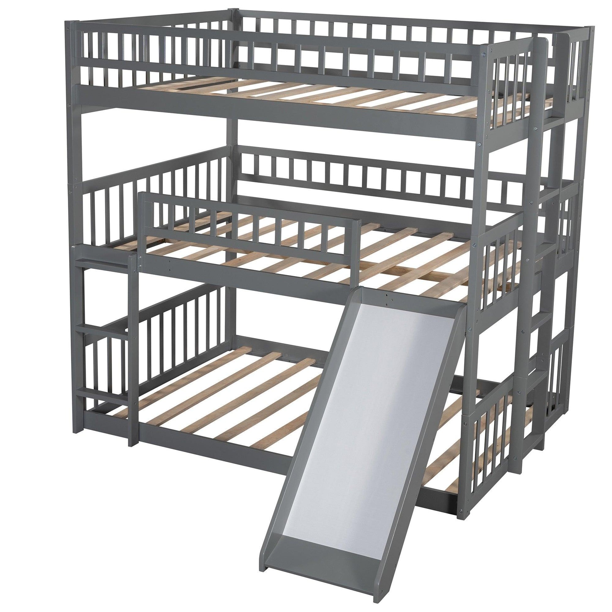 Gray Full Over Full Over Full Contemporary Bunk Bed With Slide - FurniFindUSA