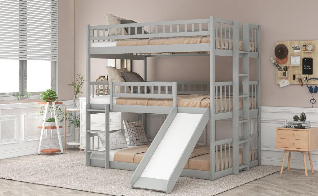 Gray Full Over Full Over Full Contemporary Bunk Bed With Slide - FurniFindUSA