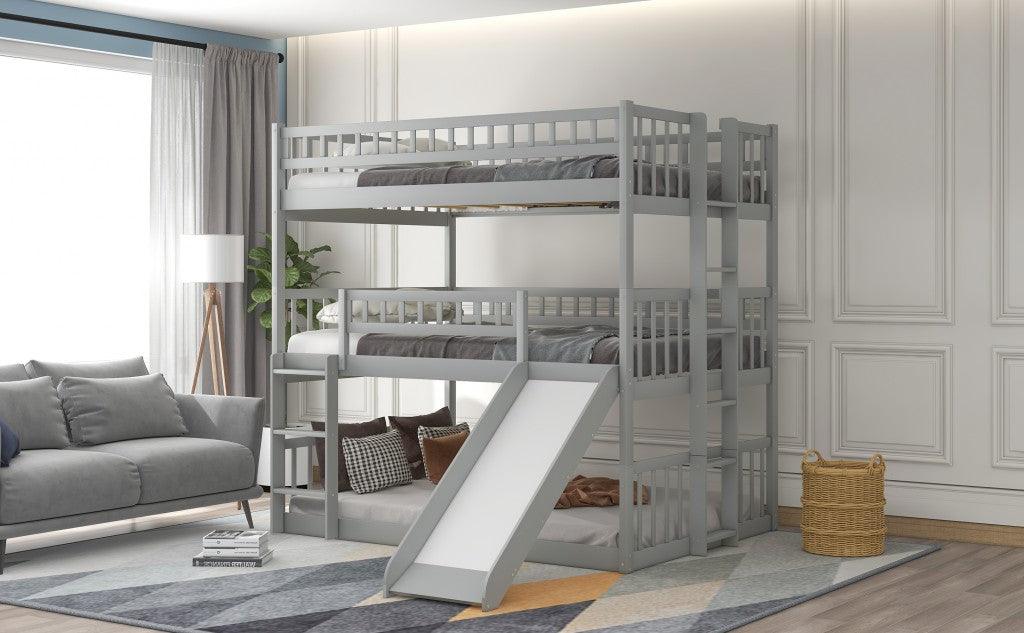 Gray Full Over Full Over Full Contemporary Bunk Bed With Slide - FurniFindUSA