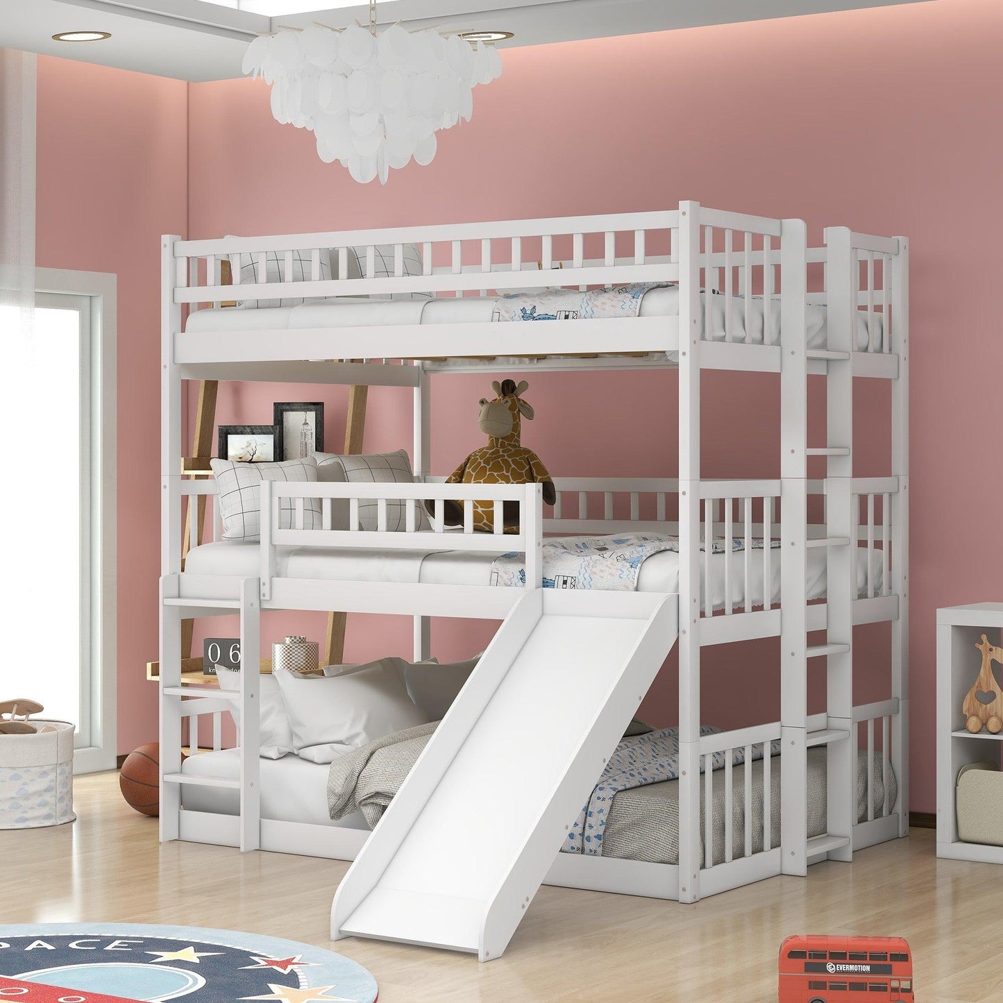 White Full Over Full Over Full Contemporary Bunk Bed With Slide - FurniFindUSA