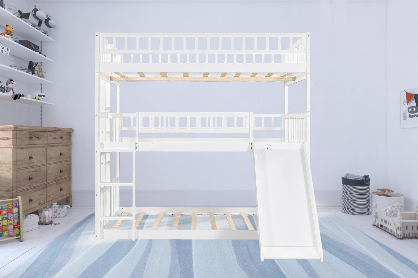 White Full Over Full Over Full Contemporary Bunk Bed With Slide - FurniFindUSA