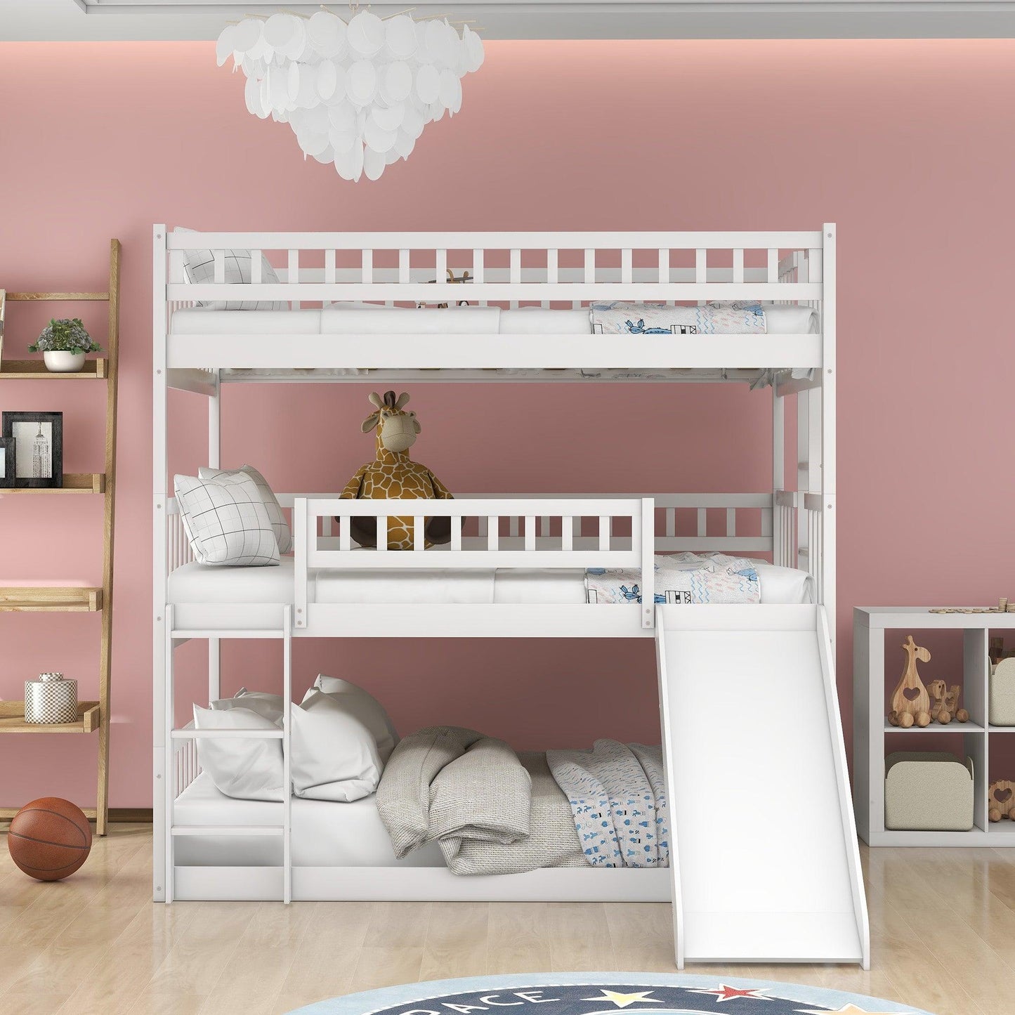 White Full Over Full Over Full Contemporary Bunk Bed With Slide - FurniFindUSA