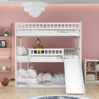 White Full Over Full Over Full Contemporary Bunk Bed With Slide - FurniFindUSA