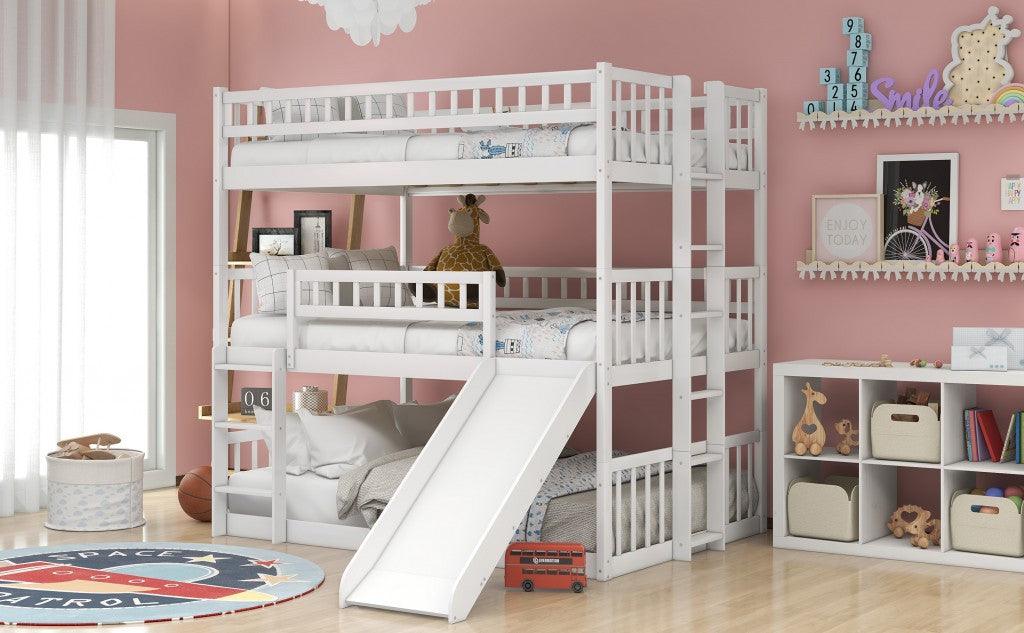 White Full Over Full Over Full Contemporary Bunk Bed With Slide - FurniFindUSA