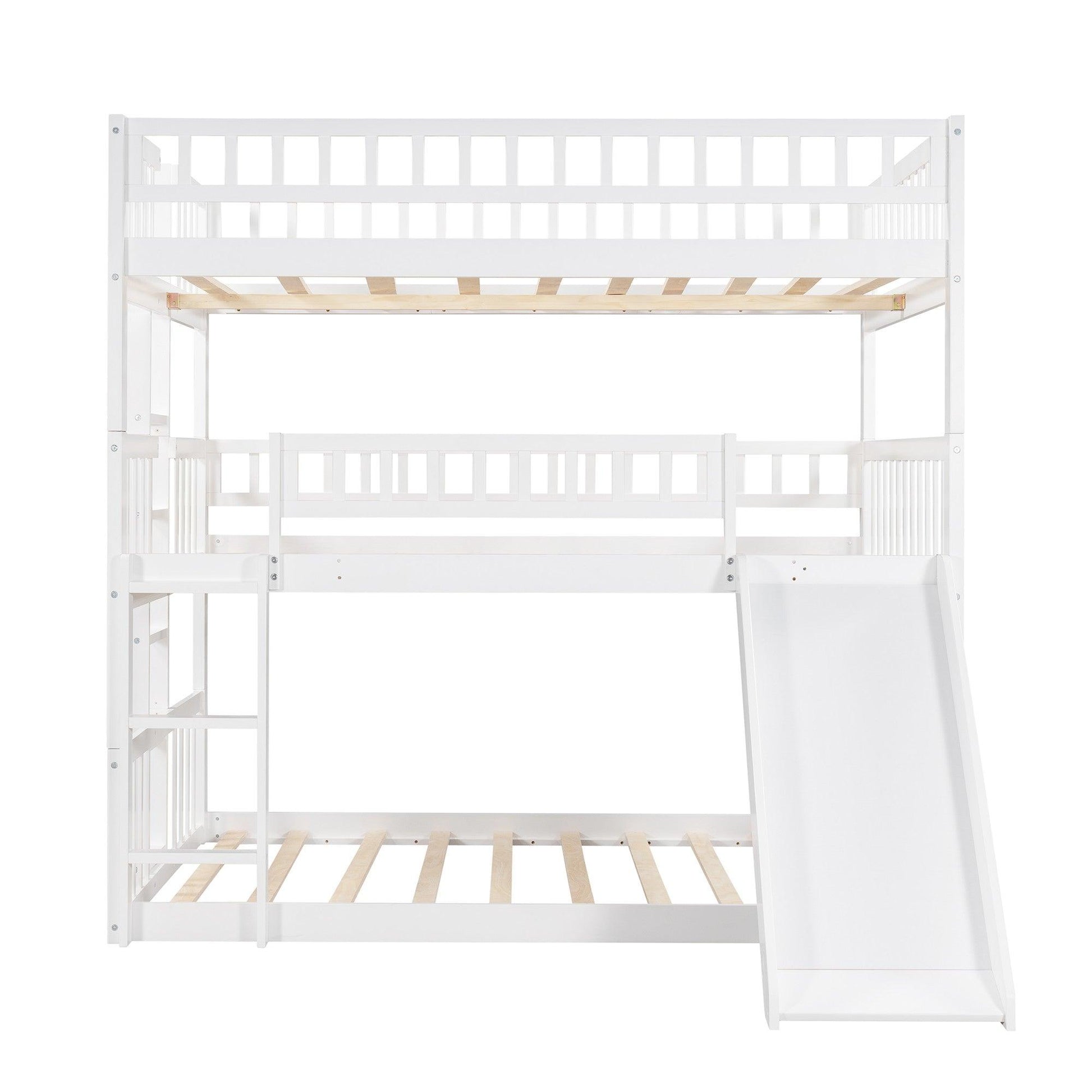 White Full Over Full Over Full Contemporary Bunk Bed With Slide - FurniFindUSA