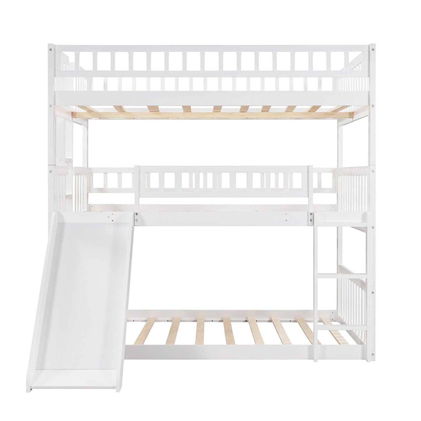 White Full Over Full Over Full Contemporary Bunk Bed With Slide - FurniFindUSA