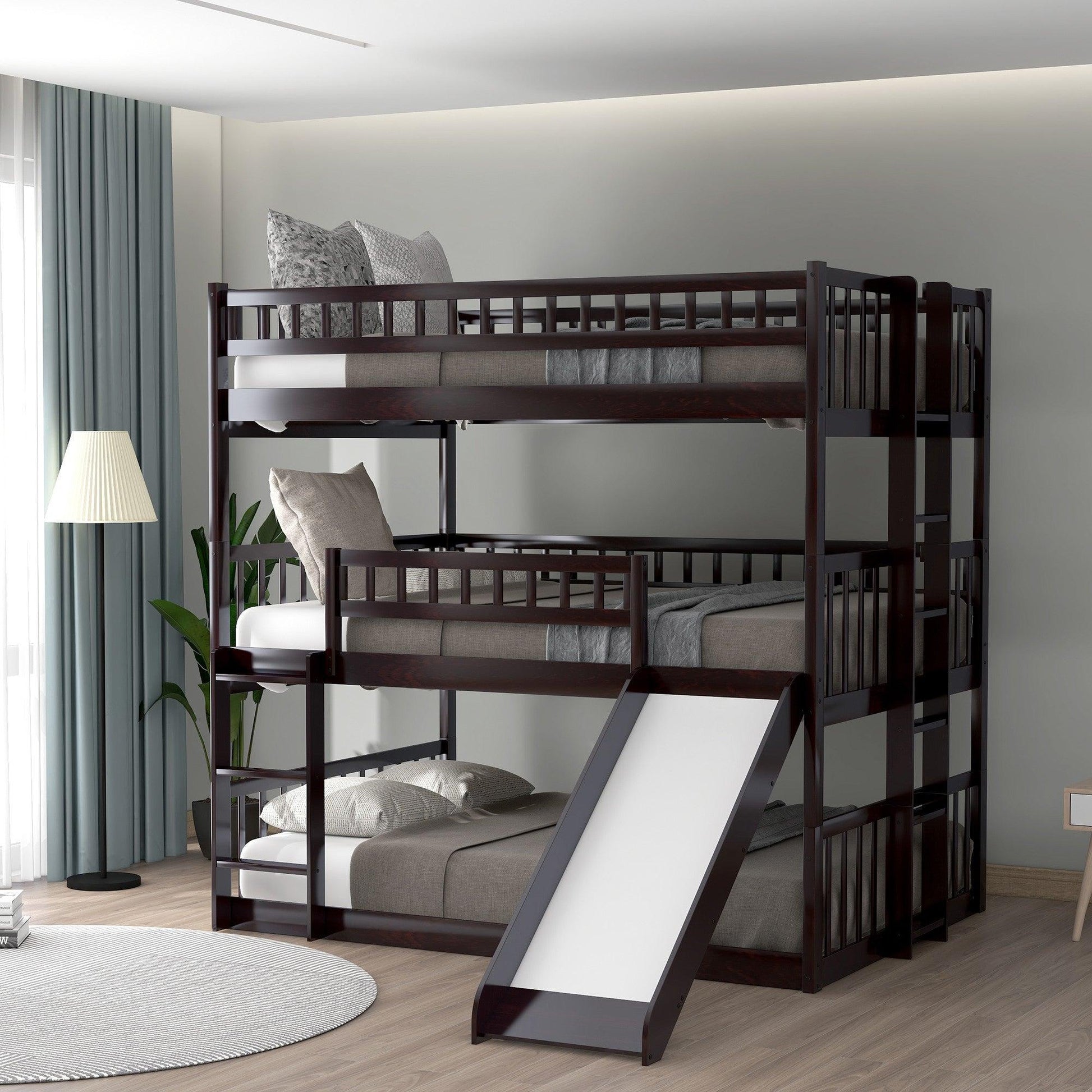 Espresso Full Over Full Over Full Contemporary Bunk Bed With Slide - FurniFindUSA