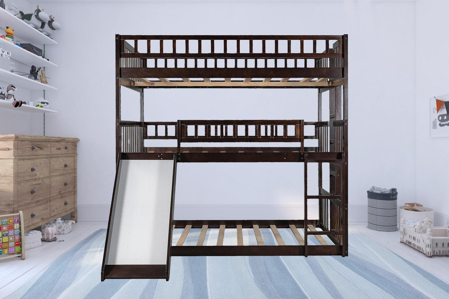 Espresso Full Over Full Over Full Contemporary Bunk Bed With Slide - FurniFindUSA