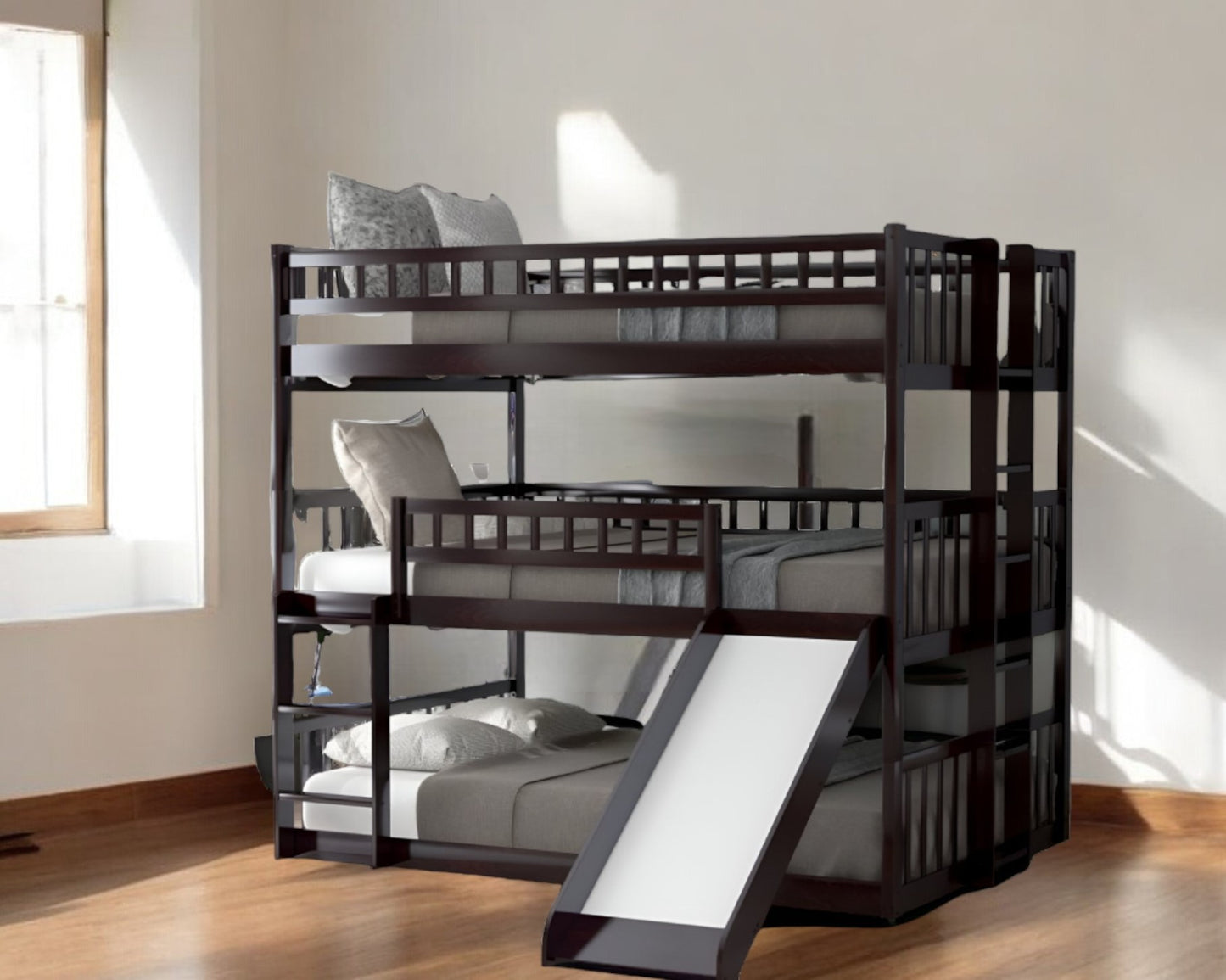 Espresso Full Over Full Over Full Contemporary Bunk Bed With Slide