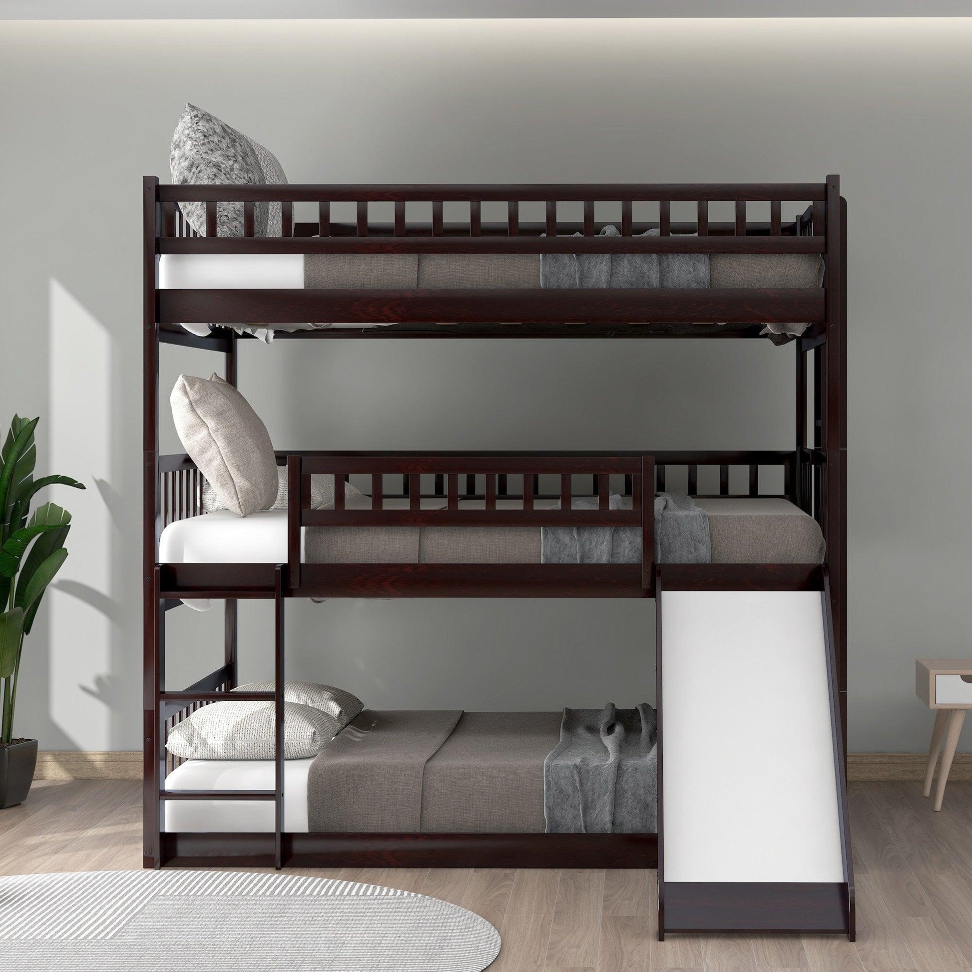 Espresso Full Over Full Over Full Contemporary Bunk Bed With Slide - FurniFindUSA