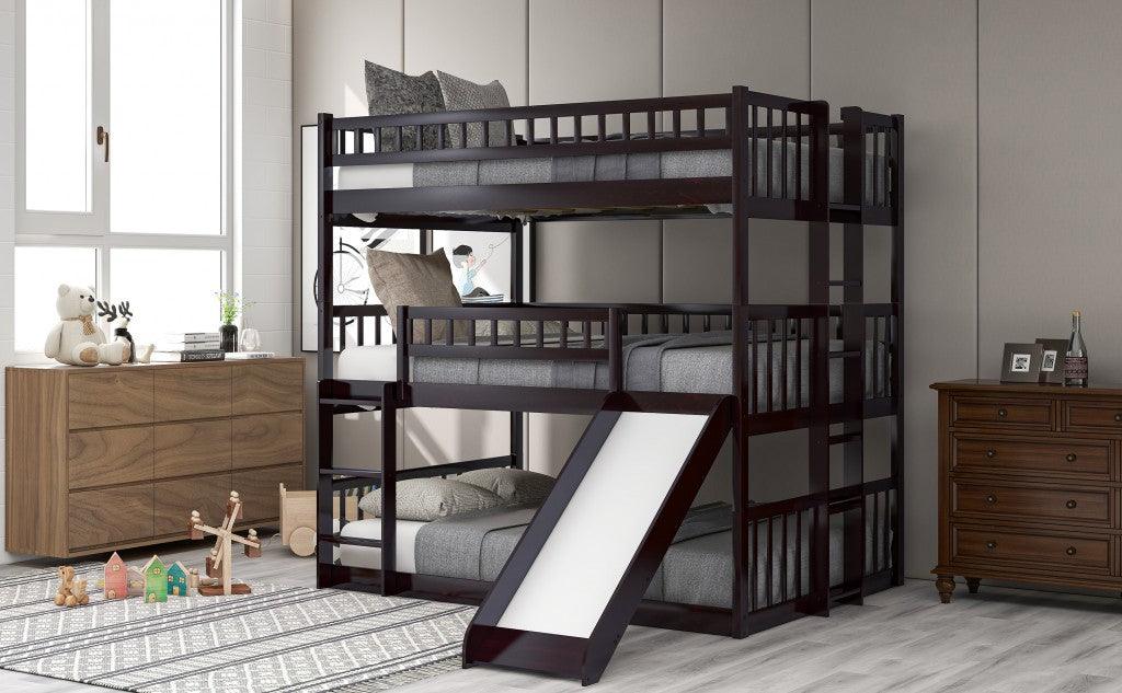 Espresso Full Over Full Over Full Contemporary Bunk Bed With Slide - FurniFindUSA