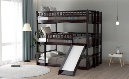 Espresso Full Over Full Over Full Contemporary Bunk Bed With Slide - FurniFindUSA