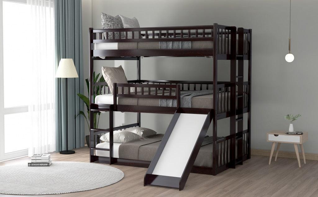 Espresso Full Over Full Over Full Contemporary Bunk Bed With Slide - FurniFindUSA