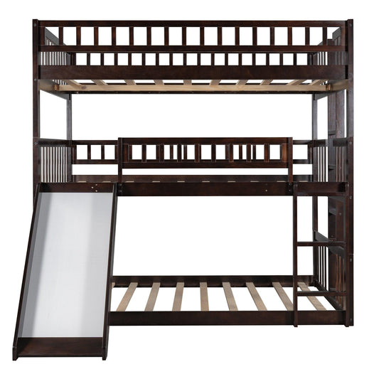 Espresso Full Over Full Over Full Contemporary Bunk Bed With Slide - FurniFindUSA