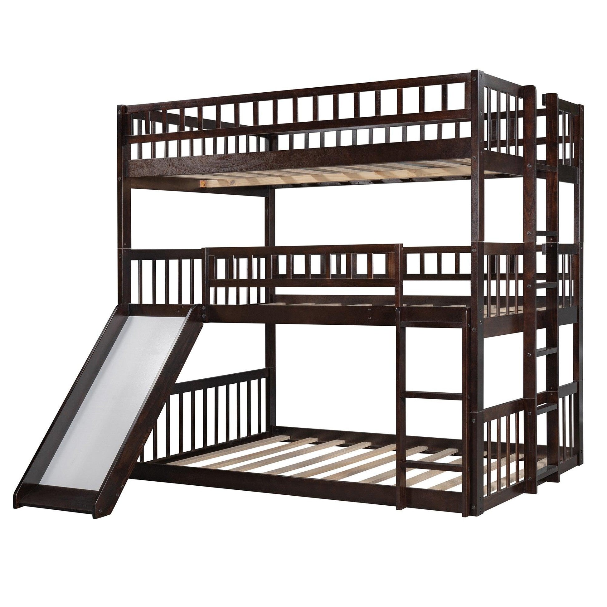 Espresso Full Over Full Over Full Contemporary Bunk Bed With Slide - FurniFindUSA