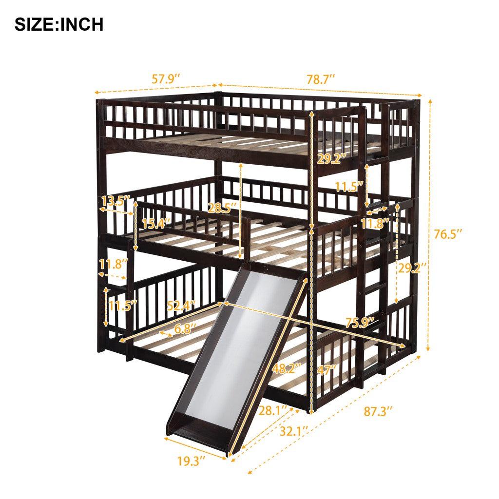 Espresso Full Over Full Over Full Contemporary Bunk Bed With Slide - FurniFindUSA