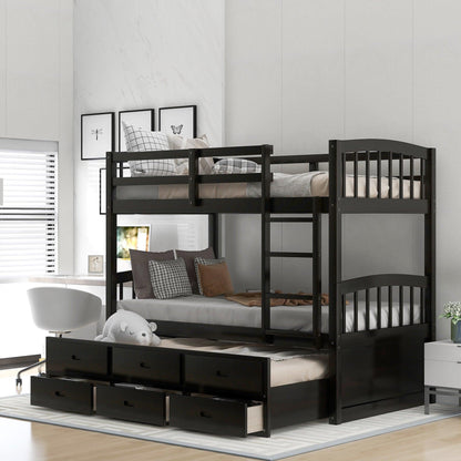 Twin over Twin Wood Bunk Bed Trundle Drawers Espresso - FurniFindUSA