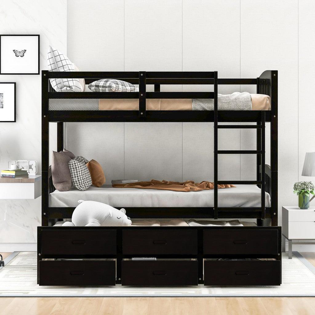 Twin over Twin Wood Bunk Bed Trundle Drawers Espresso - FurniFindUSA