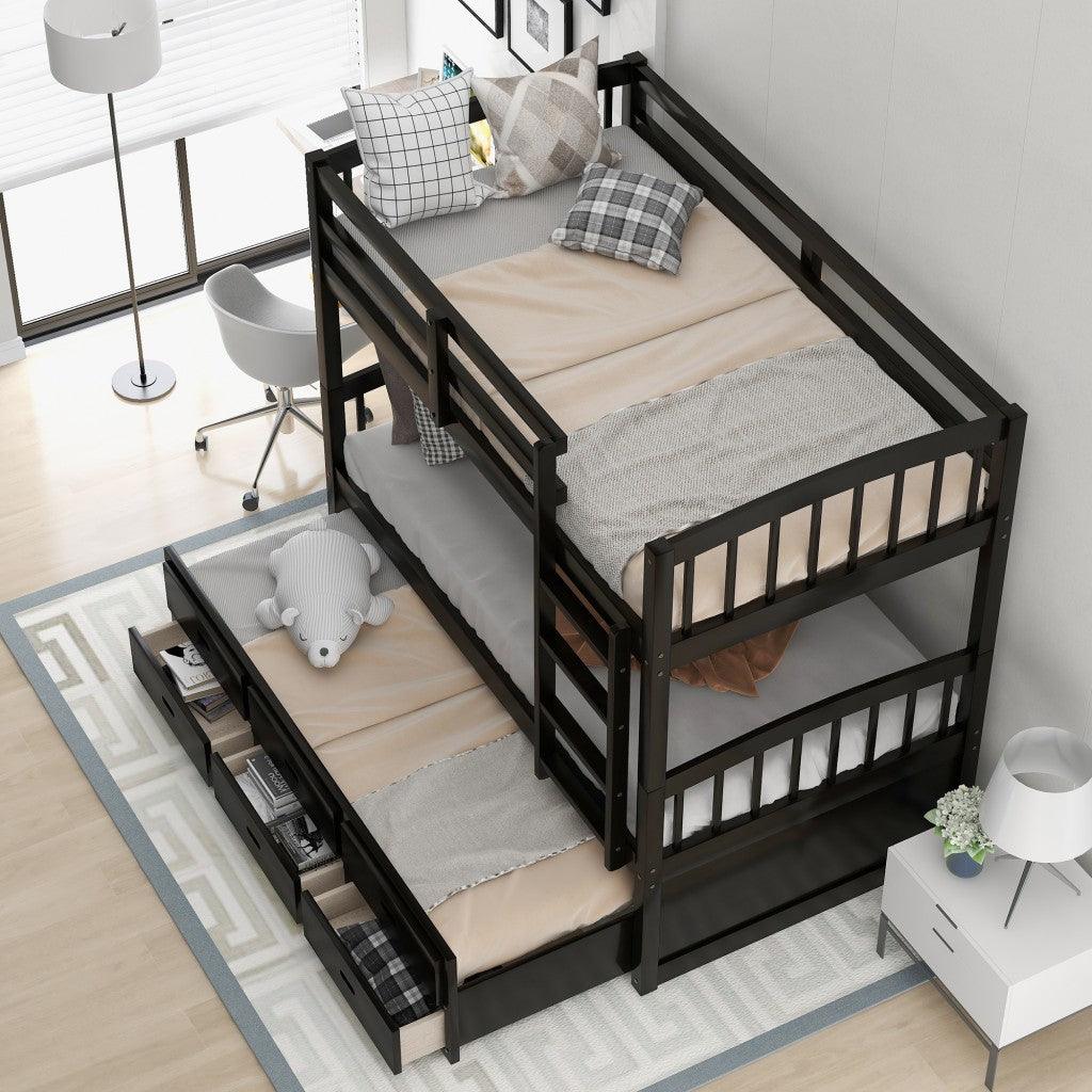 Twin over Twin Wood Bunk Bed Trundle Drawers Espresso - FurniFindUSA