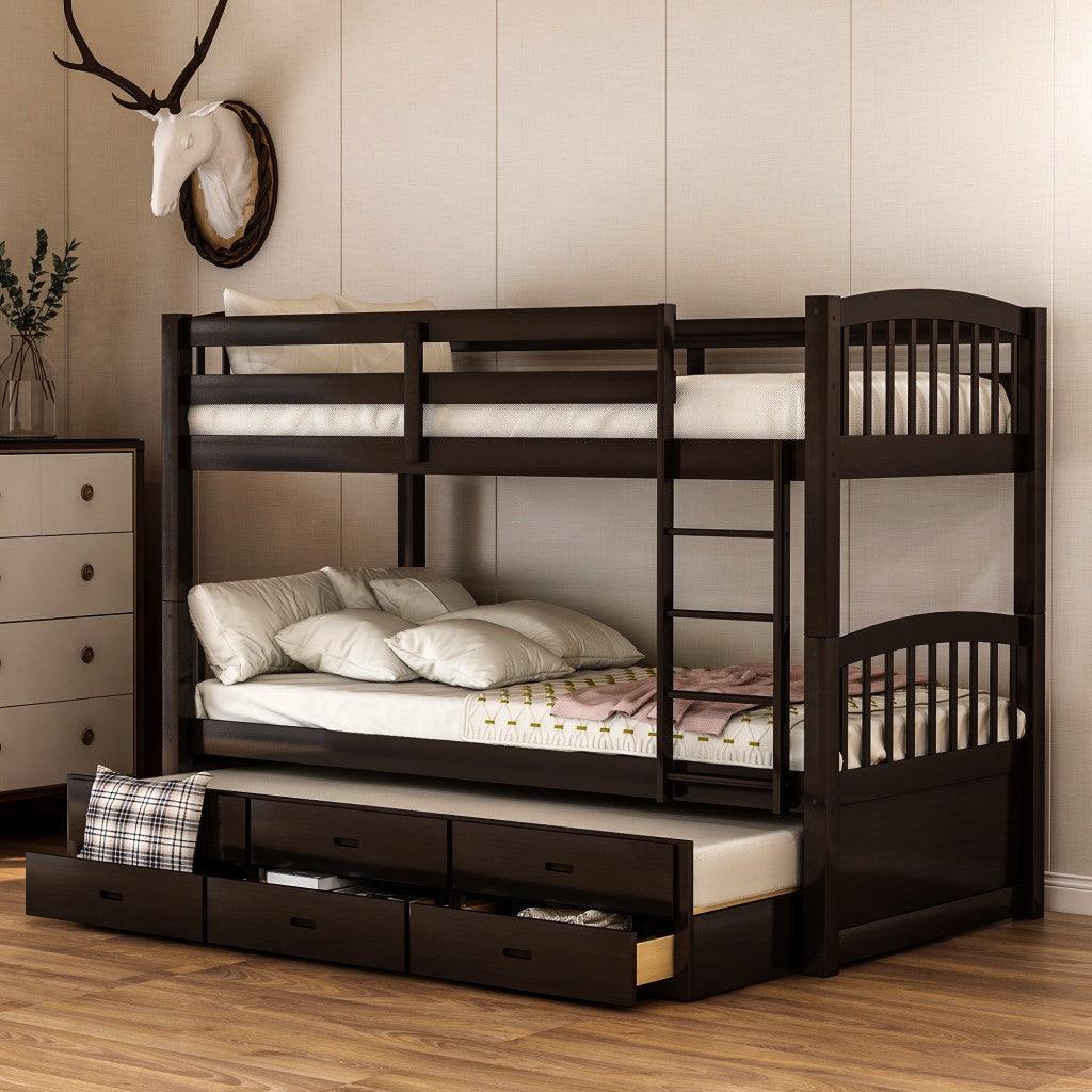 Twin over Twin Wood Bunk Bed Trundle Drawers Espresso - FurniFindUSA