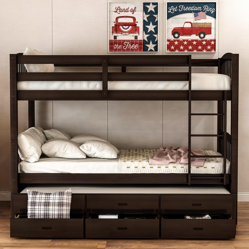 Twin over Twin Wood Bunk Bed Trundle Drawers Espresso - FurniFindUSA