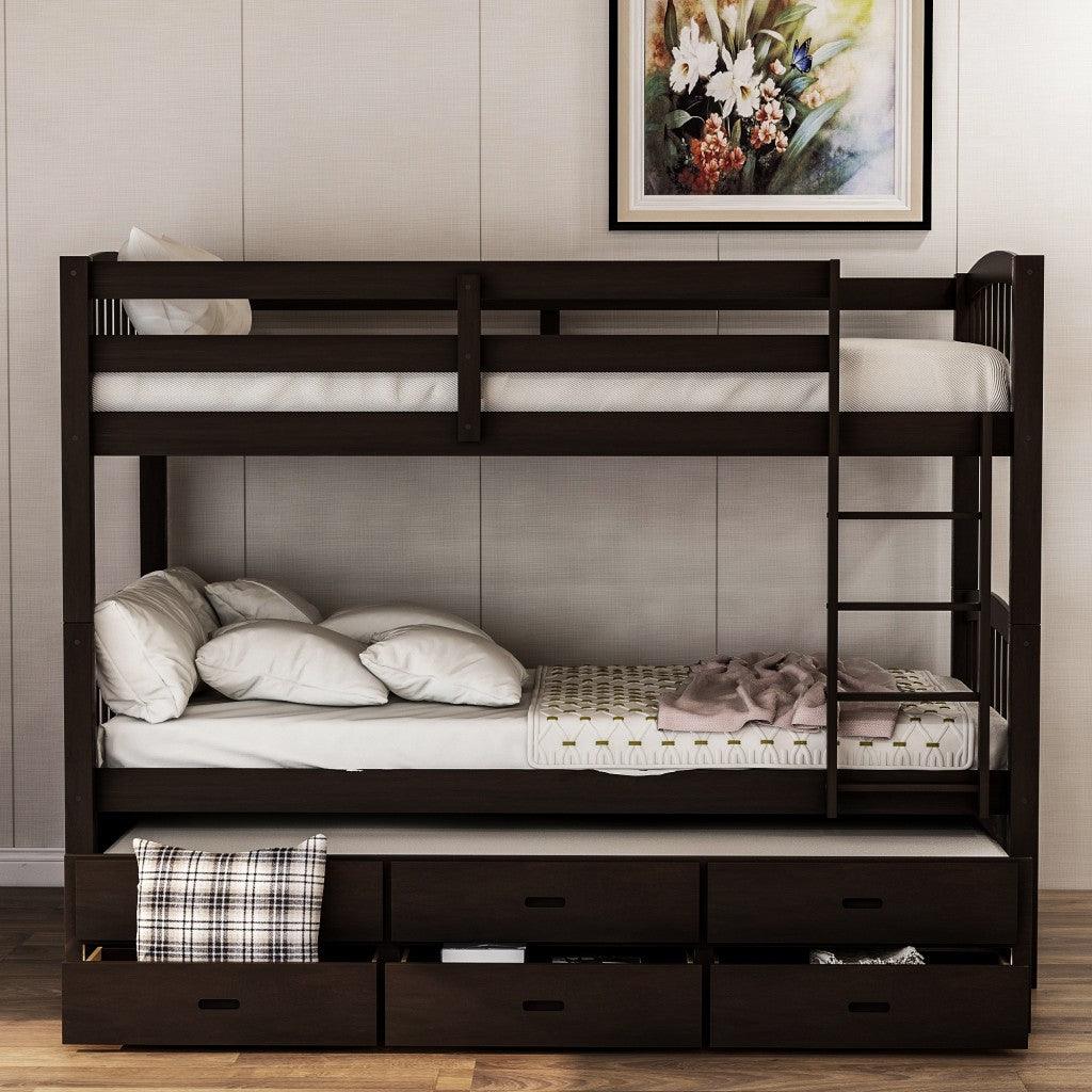 Twin over Twin Wood Bunk Bed Trundle Drawers Espresso - FurniFindUSA