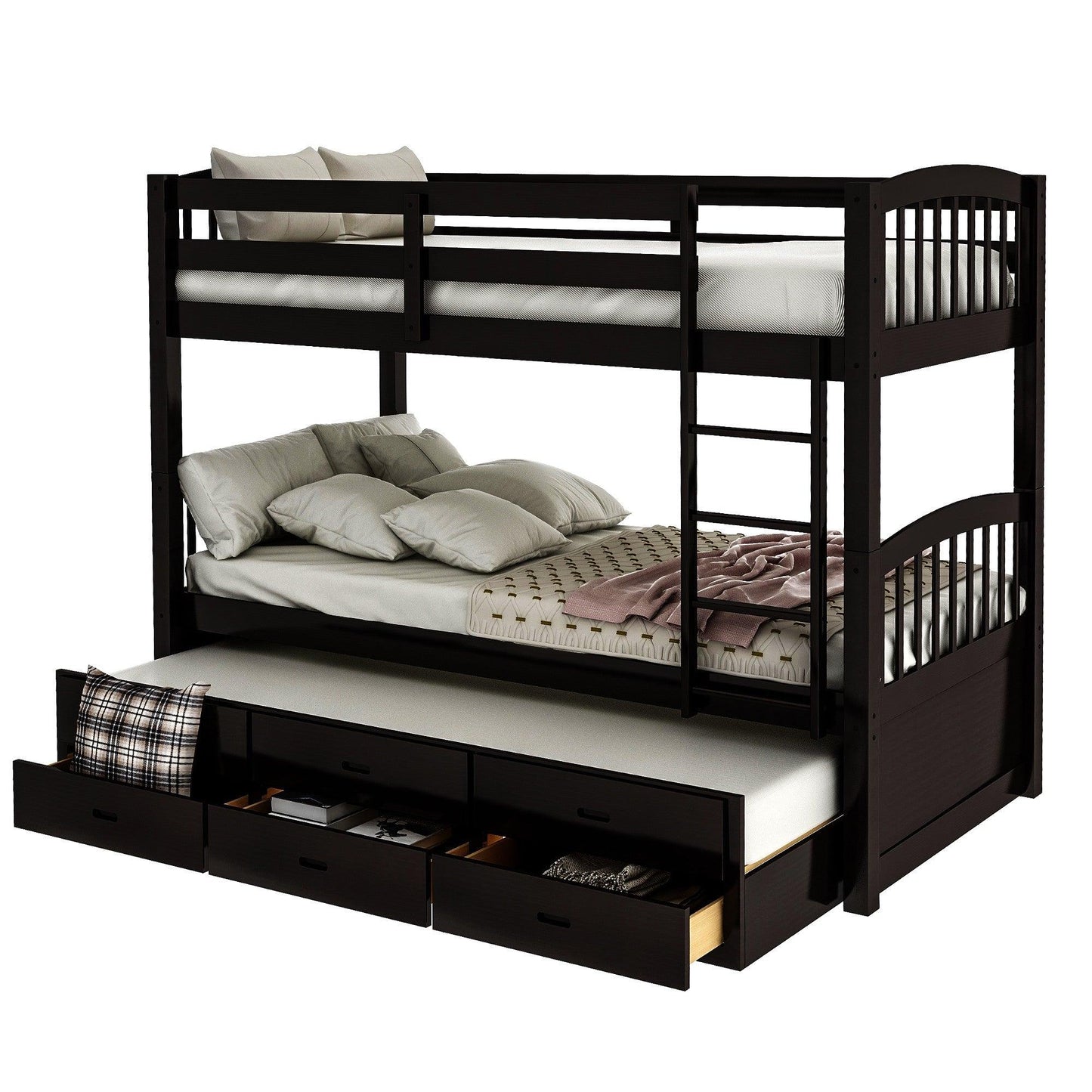 Twin over Twin Wood Bunk Bed Trundle Drawers Espresso - FurniFindUSA