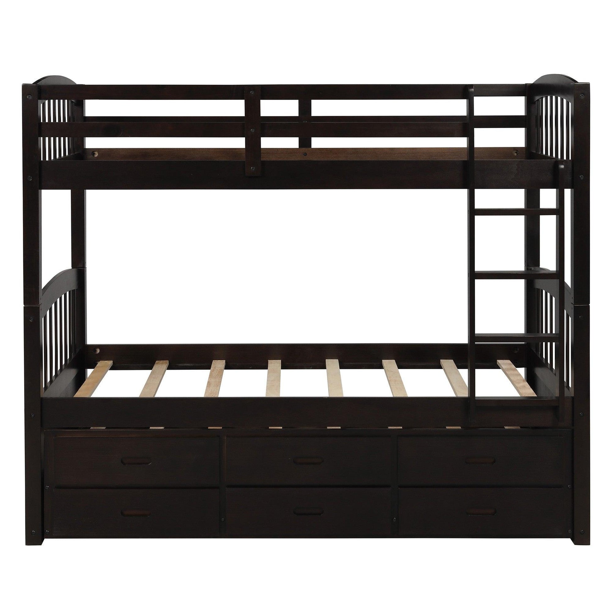 Twin over Twin Wood Bunk Bed Trundle Drawers Espresso - FurniFindUSA