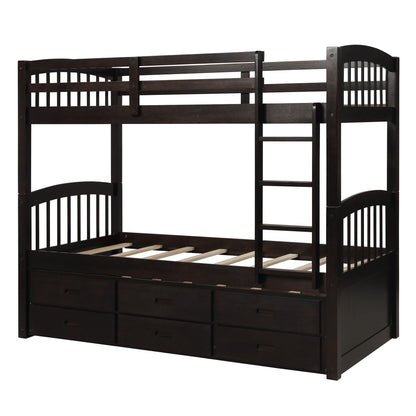 Twin over Twin Wood Bunk Bed Trundle Drawers Espresso - FurniFindUSA