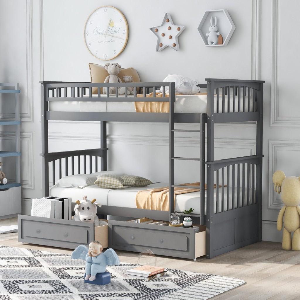 Twin over Twin Bunk Bed Drawers Convertible Beds Gray - FurniFindUSA