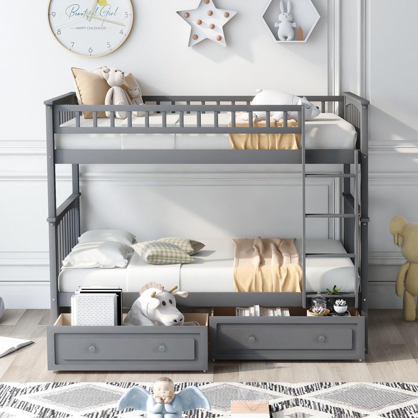 Twin over Twin Bunk Bed Drawers Convertible Beds Gray - FurniFindUSA