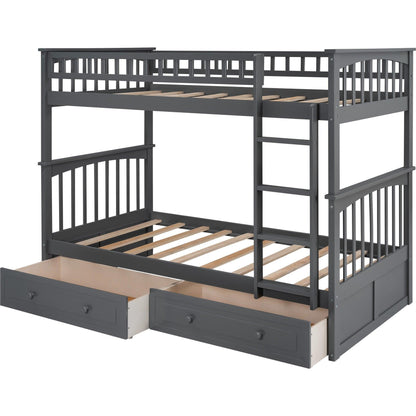 Twin over Twin Bunk Bed Drawers Convertible Beds Gray - FurniFindUSA