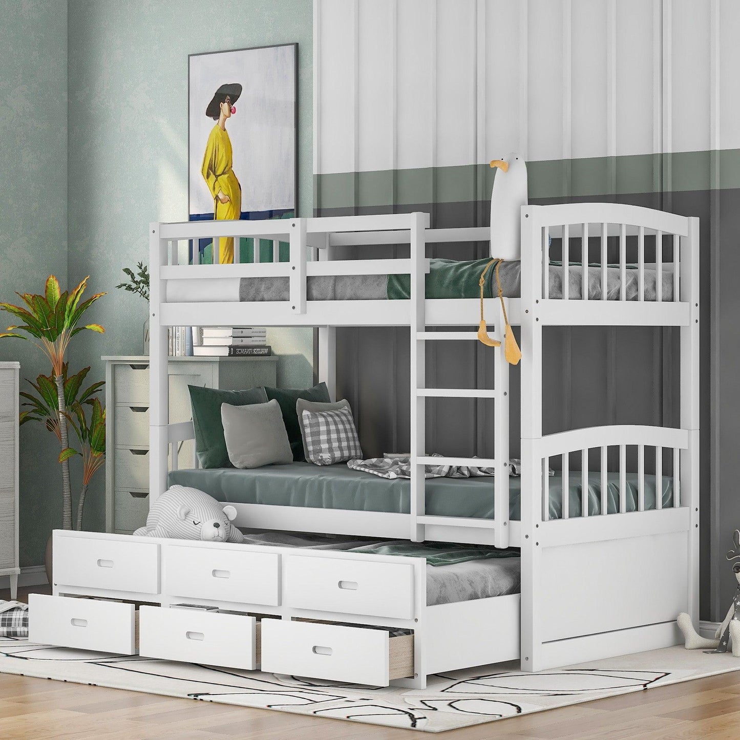 White Twin Over Twin Bunk Bed with Trundle and Drawers - FurniFindUSA