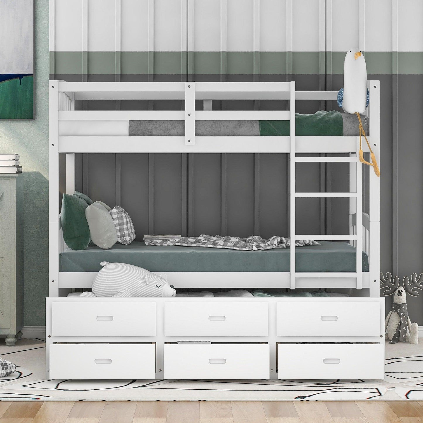 White Twin Over Twin Bunk Bed with Trundle and Drawers - FurniFindUSA