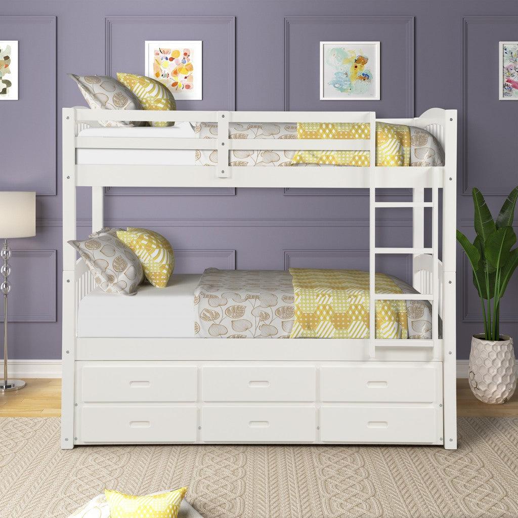 White Twin Over Twin Bunk Bed with Trundle and Drawers - FurniFindUSA