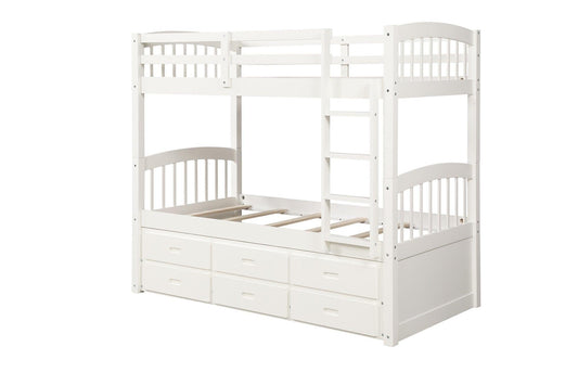 White Twin Over Twin Bunk Bed with Trundle and Drawers - FurniFindUSA